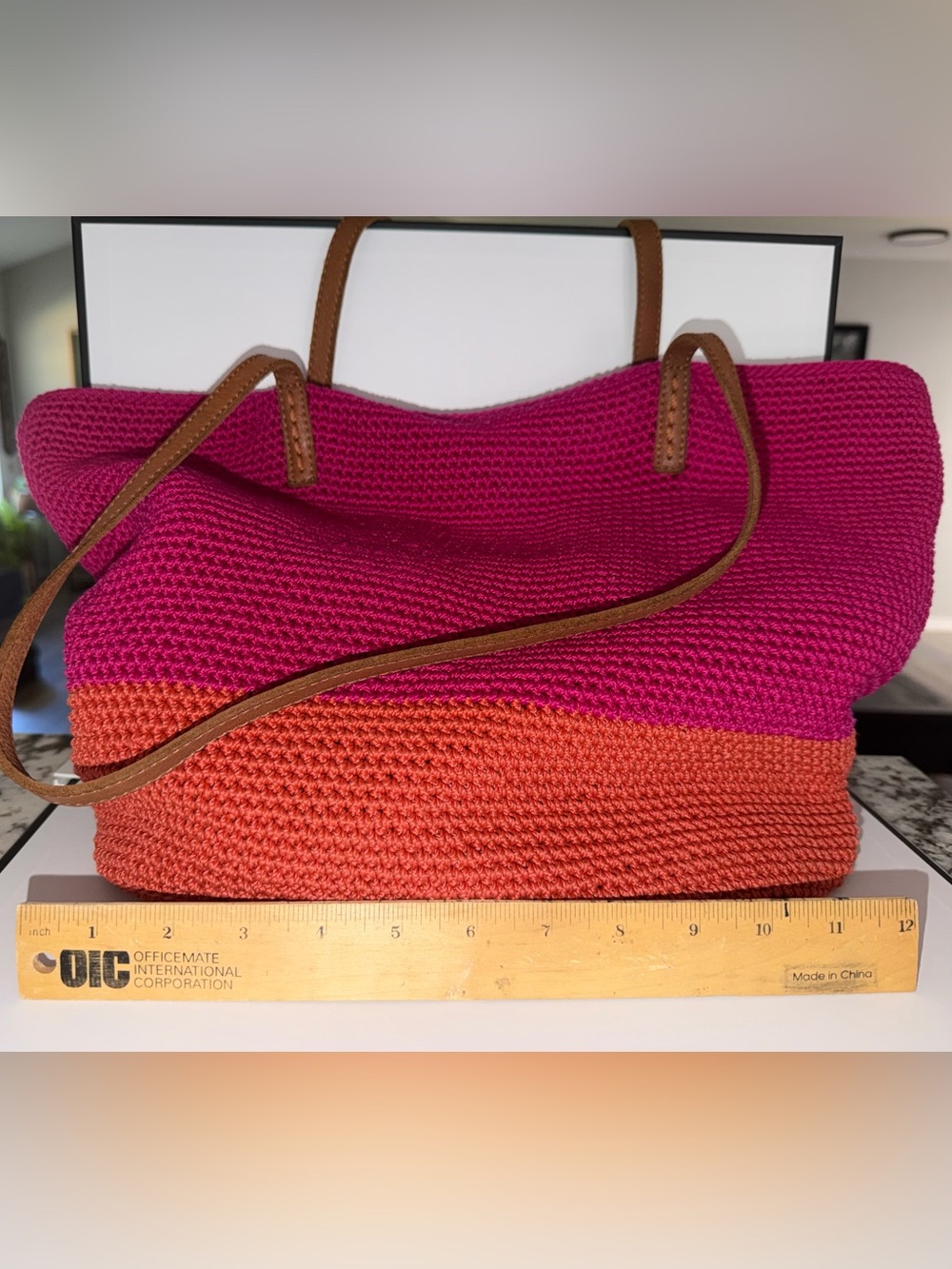 The Sak Woven Two-Tone Pink & Orange Tote Bag with Brown Straps